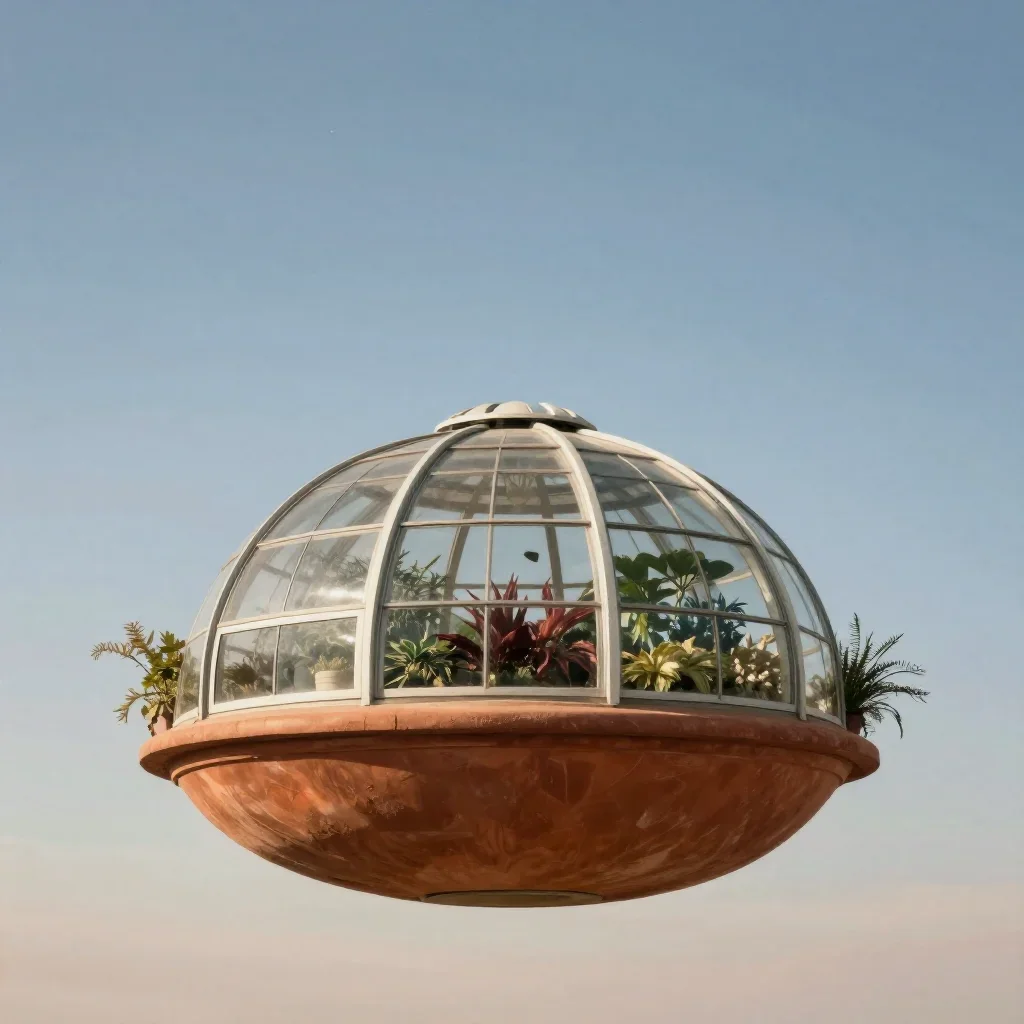 a floating botanical conservatory beneath a star-filled sky, quiet science-fiction concept art, calm negative space, ter