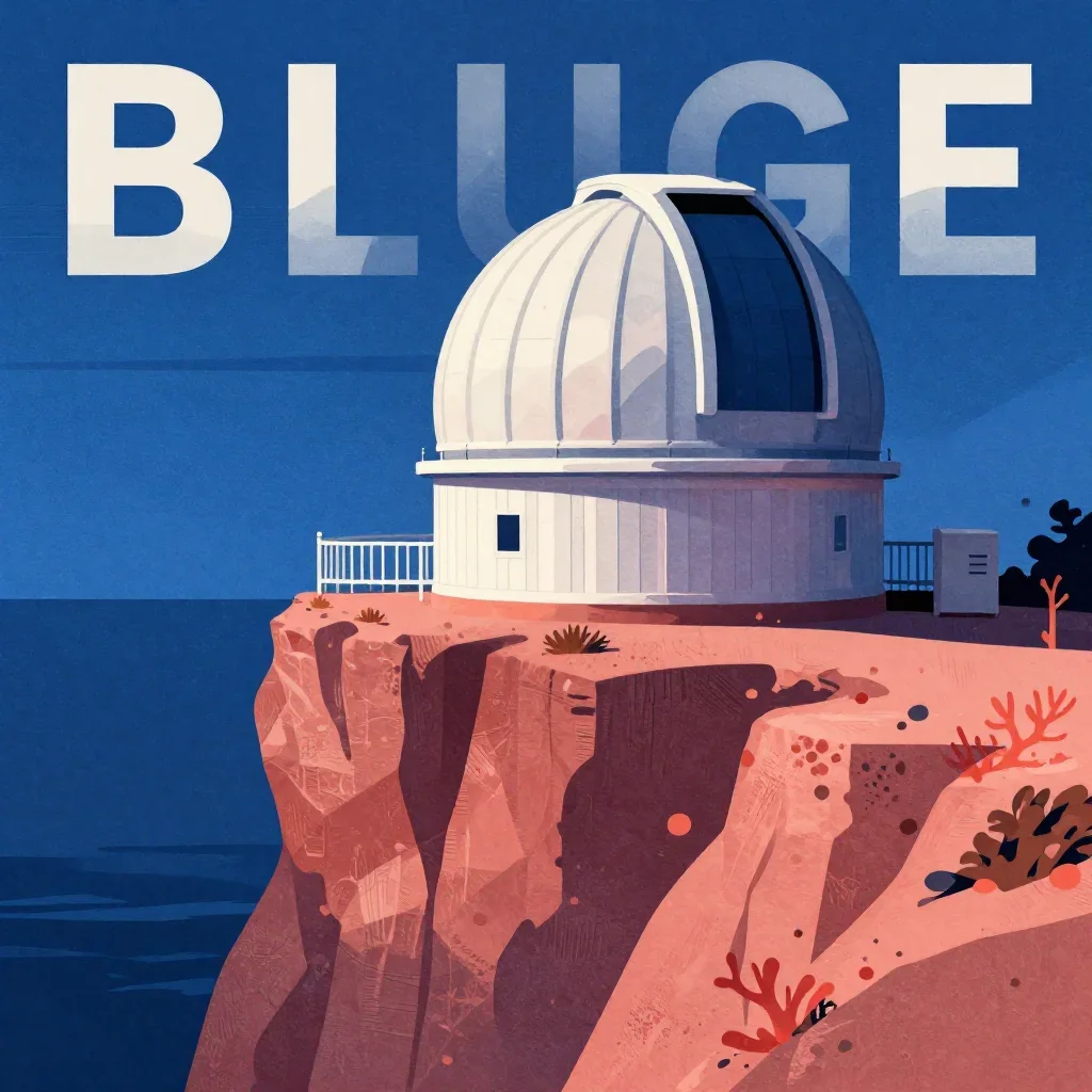 a cliffside observatory at blue hour, modernist poster illustration, weathered tactile surfaces, coral and midnight blue