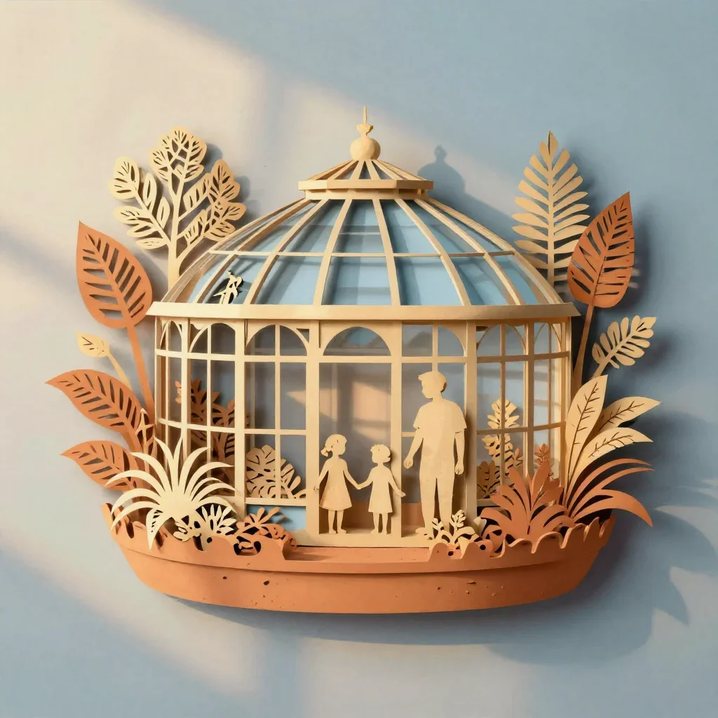 a floating botanical conservatory during golden hour, intricate paper-cut illustration, crisp material detail, terracott
