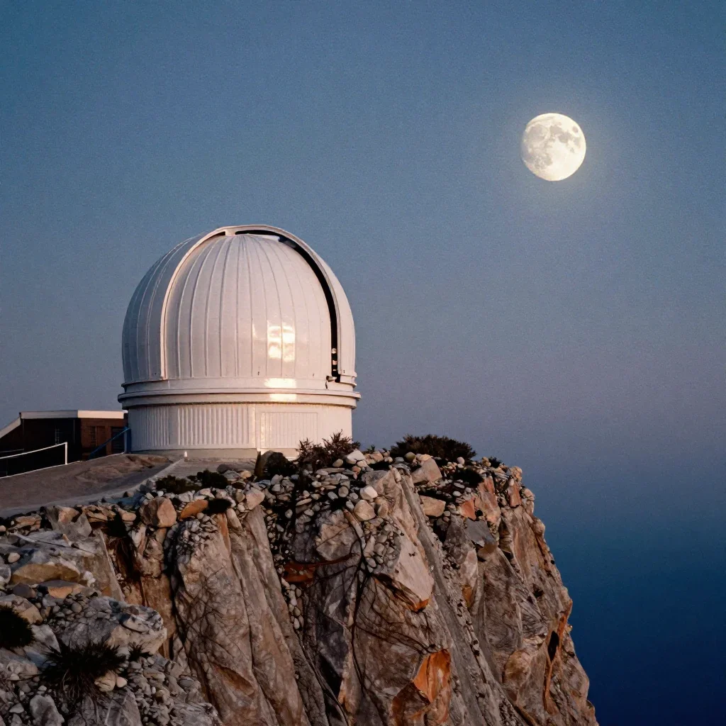 a cliffside observatory at moonrise, soft-grain analog film photography, gentle reflected light, indigo and pearl palett