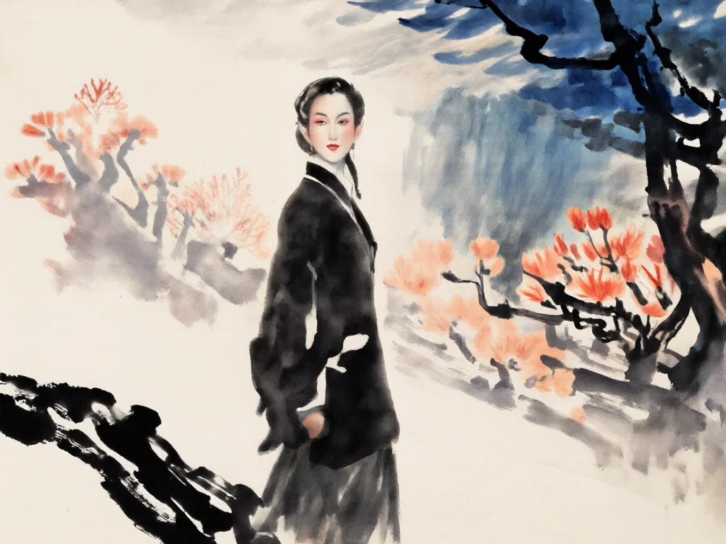 a spectral fox-spirit woman in an ink wash standing tall with hands in pockets, in a greenhouse humid with mist, mytholo