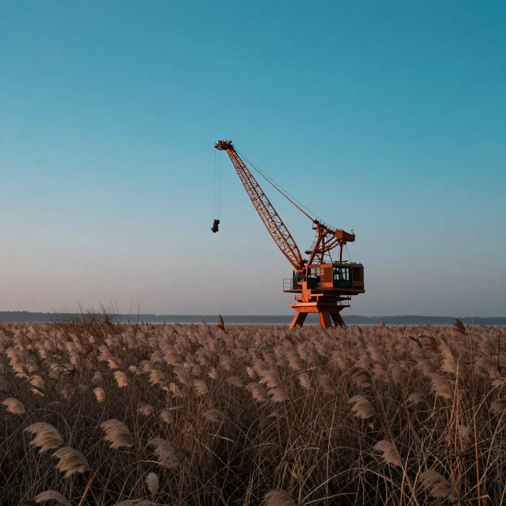 a crane standing in morning reeds at blue hour, refined editorial travel photography, soft volumetric light, seafoam and