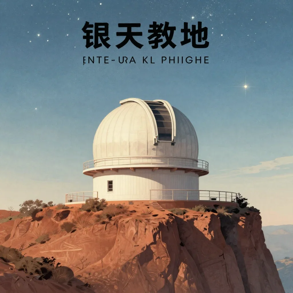 a cliffside observatory beneath a star-filled sky, Japanese woodblock-inspired editorial art, soft volumetric light, ter