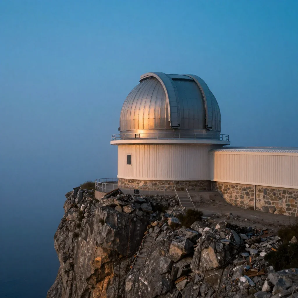 a cliffside observatory under soft dawn fog, cinematic architectural photography, restrained color harmony, cobalt and a