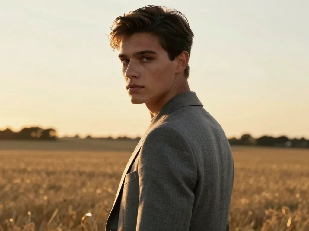 an androgynous model in a sharply tailored suit in an alluring over-the-shoulder glance, in a backlit golden-hour field,