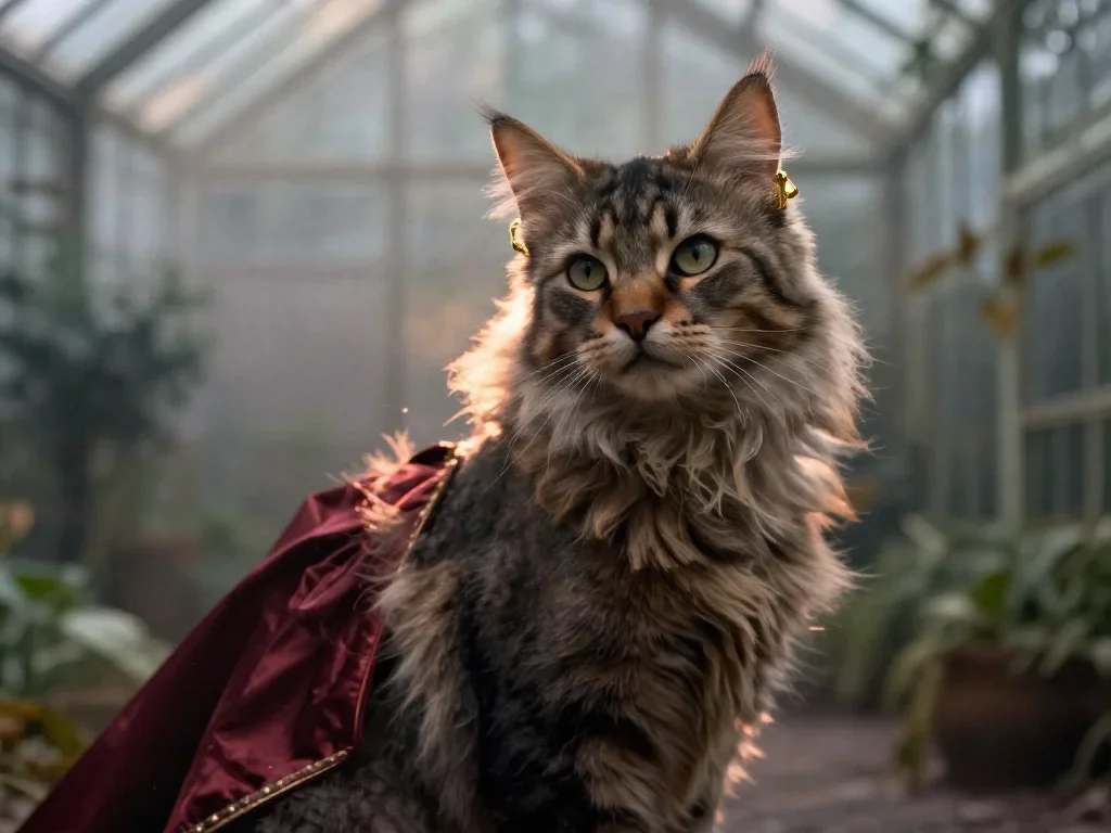 a feline-featured model with gold ear cuffs mid-turn with fabric catching the light, in a greenhouse humid with mist, dr