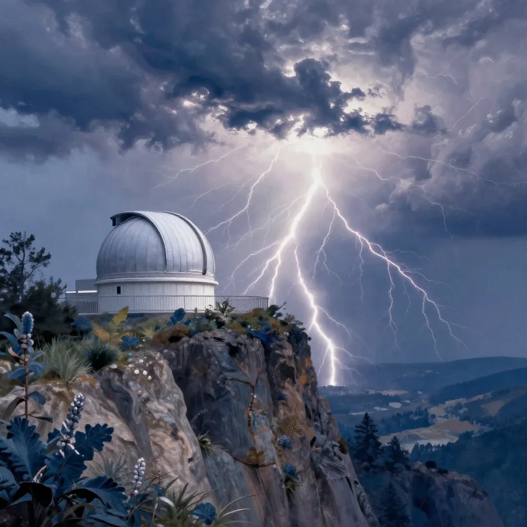 a cliffside observatory after a distant thunderstorm, contemporary botanical illustration, soft volumetric light, indigo