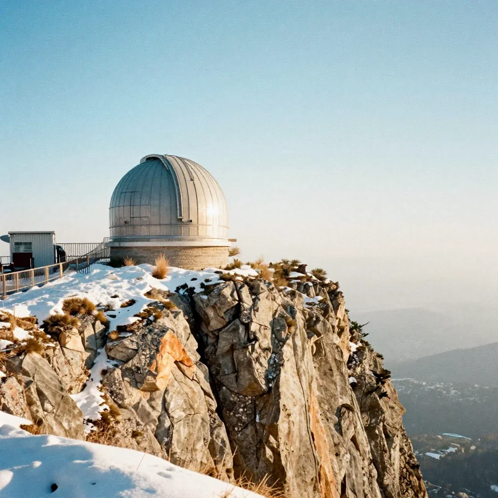 a cliffside observatory in crisp winter sunlight, soft-grain analog film photography, calm negative space, ice blue and 