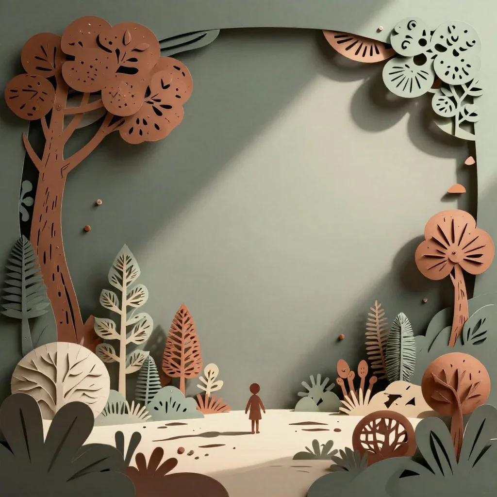 a deep-space botanical archive at first light, intricate paper-cut illustration, calm negative space, rust and sage pale