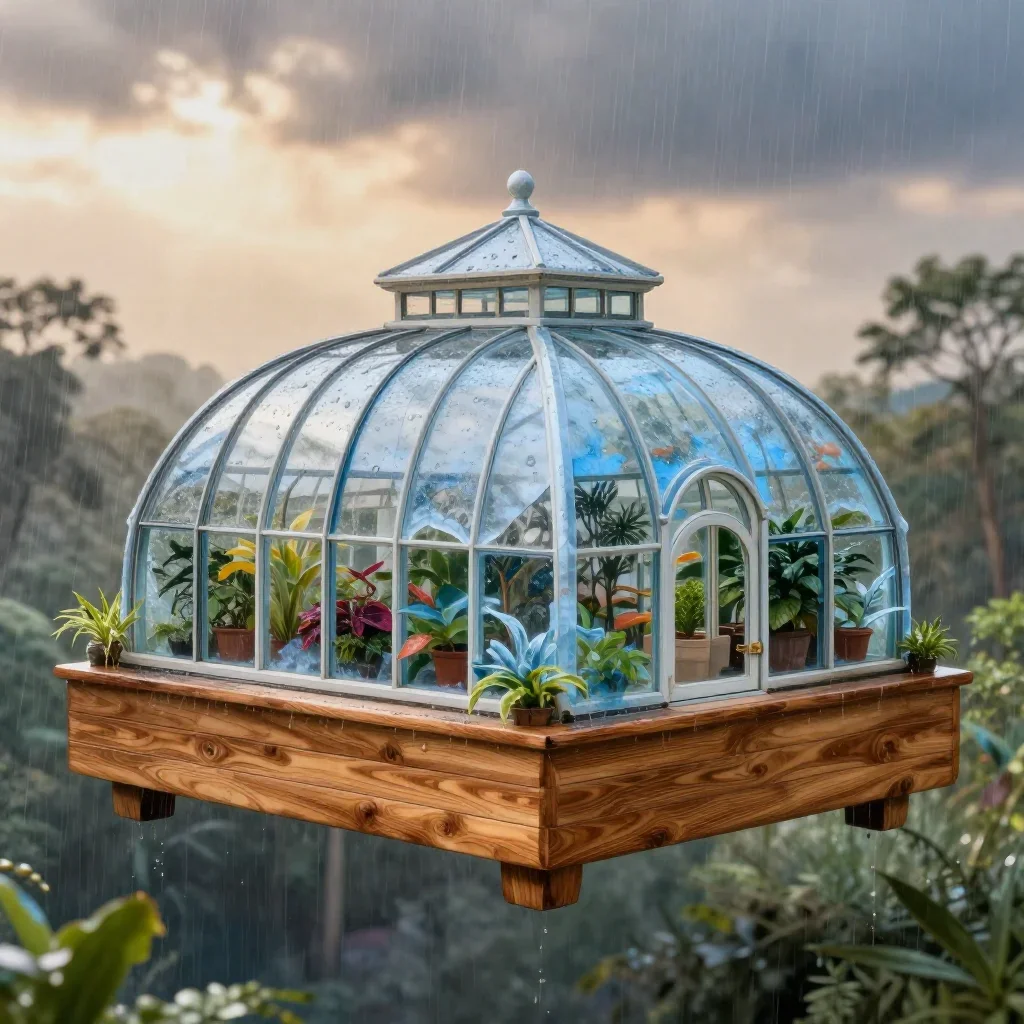 a floating botanical conservatory after warm summer rain, dreamlike fine-art landscape photography, crisp material detai