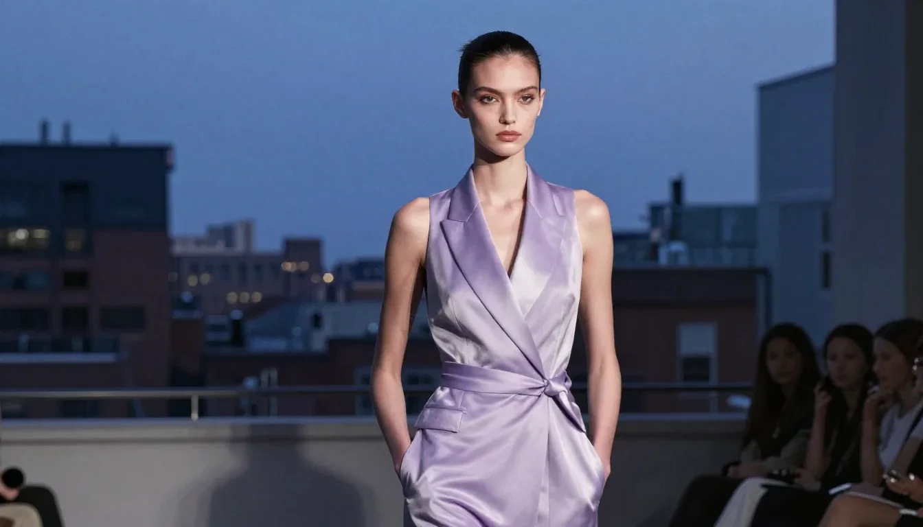 a couture catwalk muse with razor cheekbones standing tall with hands in pockets, in a blue-hour city apartment, soft-gr