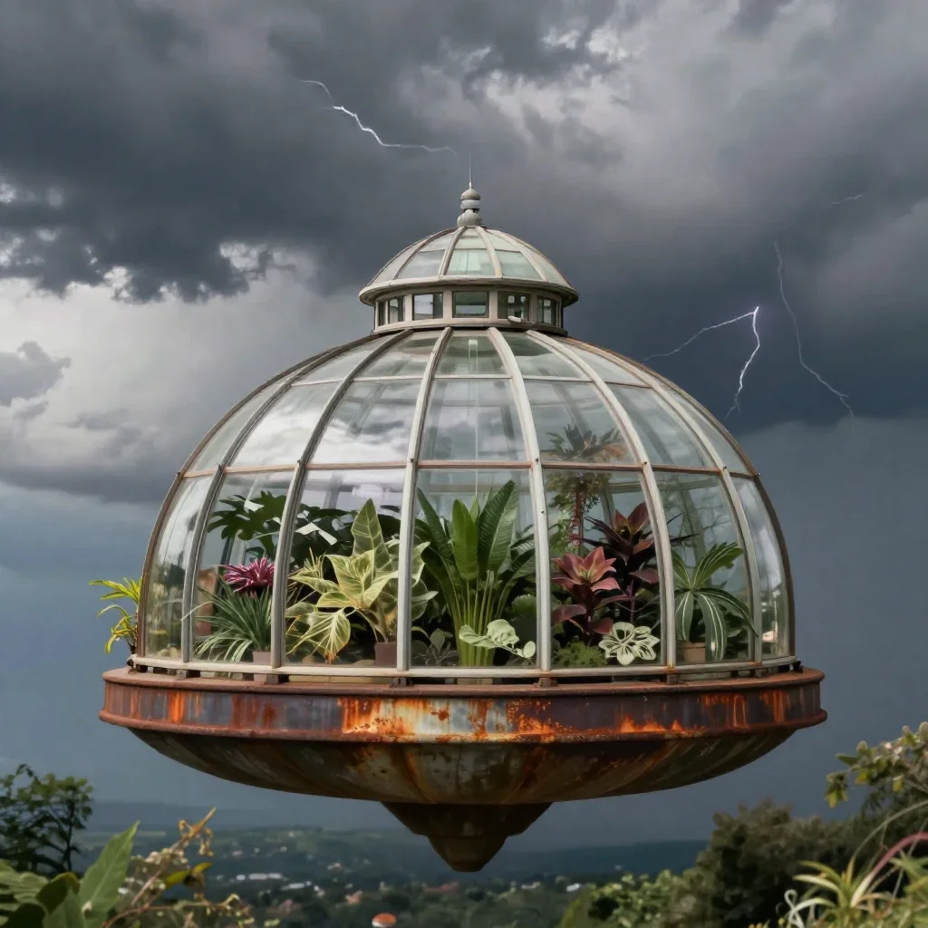 a floating botanical conservatory after a distant thunderstorm, refined editorial travel photography, atmospheric depth,