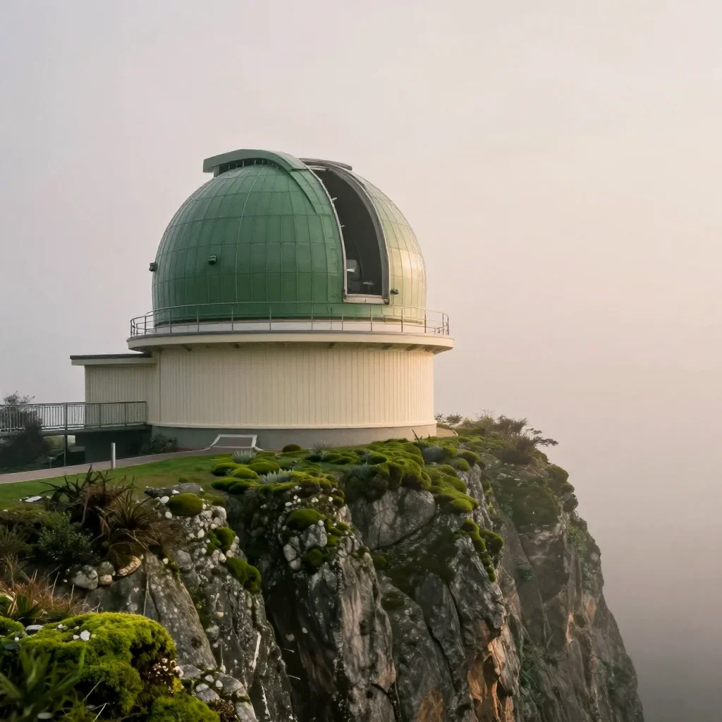a cliffside observatory under soft dawn fog, cinematic architectural photography, crisp material detail, moss green and
