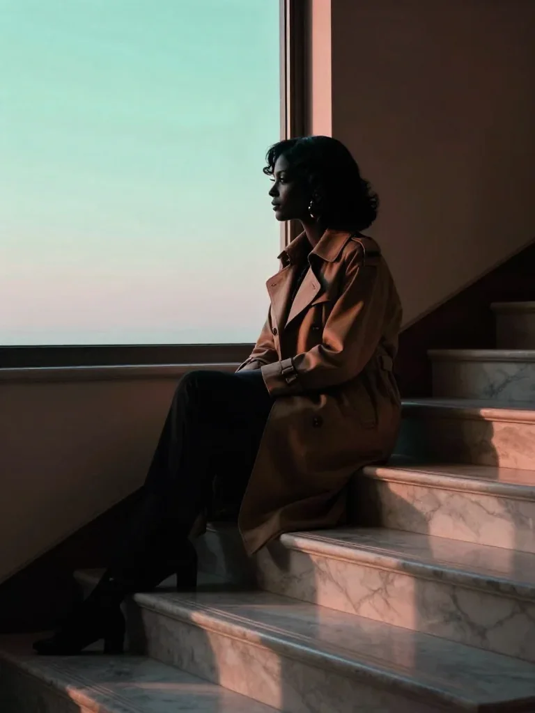 a noir detective's femme fatal muse in a trench coat in a seated silhouette against a window, on a marble staircase at d