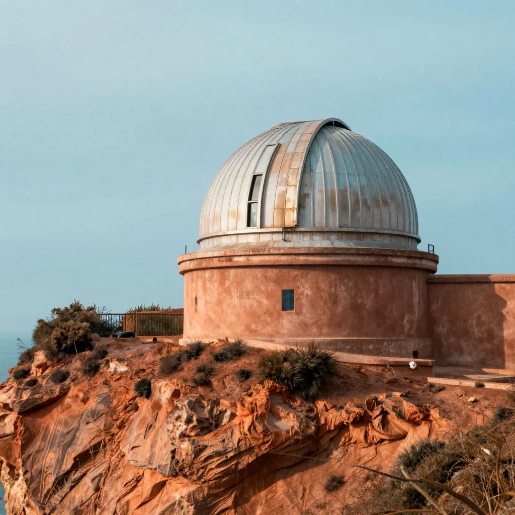 a cliffside observatory after warm summer rain, dreamlike fine-art landscape photography, weathered tactile surfaces, te