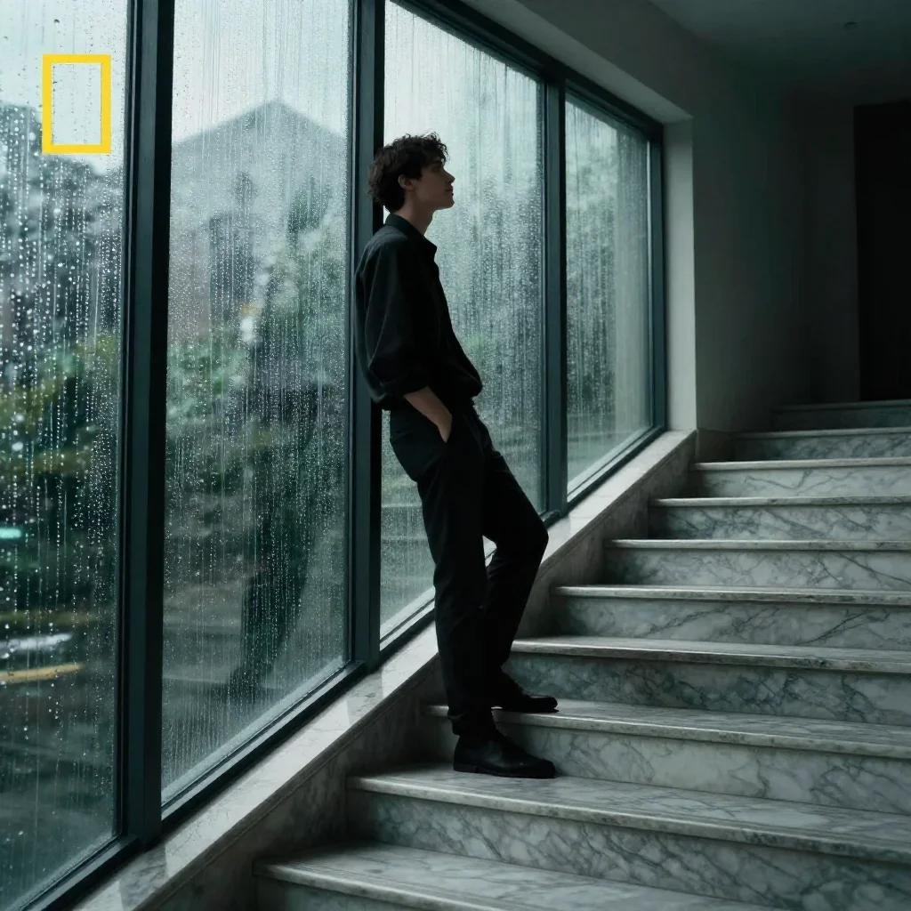 a lover leaning against rain-streaked glass in a wind-swept lean against a wall, on a marble staircase at dawn, National