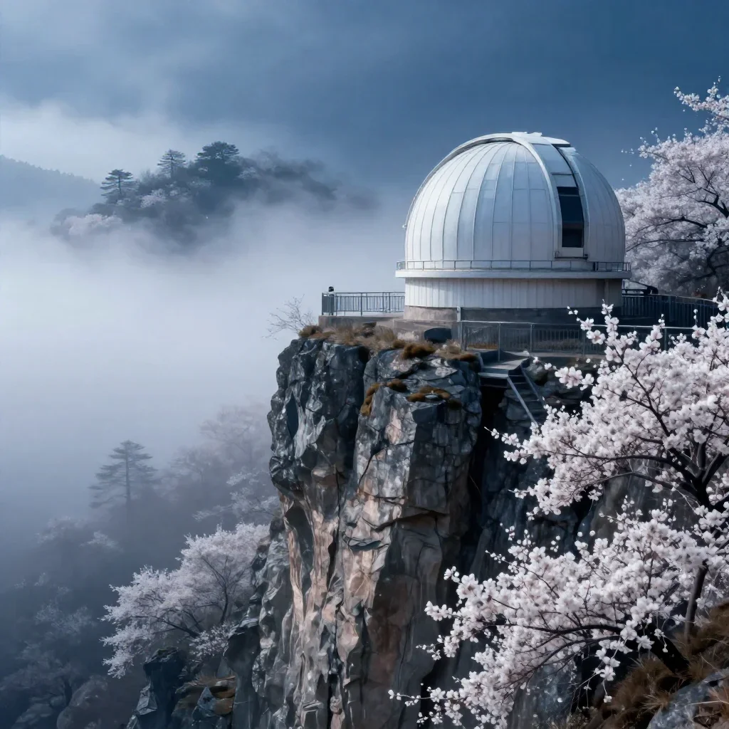 a cliffside observatory in early spring mist, dreamlike fine-art landscape photography, crisp material detail, indigo an