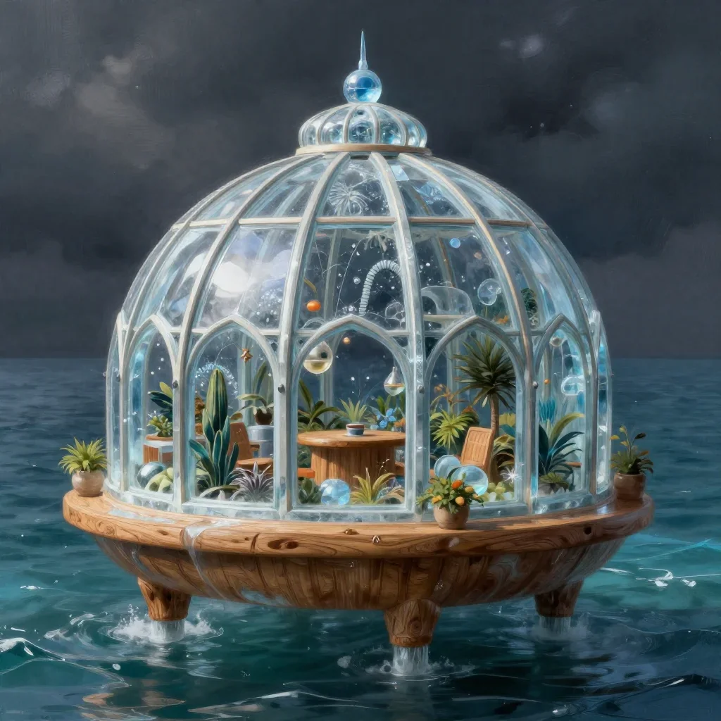 a floating botanical conservatory in a gentle sea breeze, quiet science-fiction concept art, crisp material detail, ice 