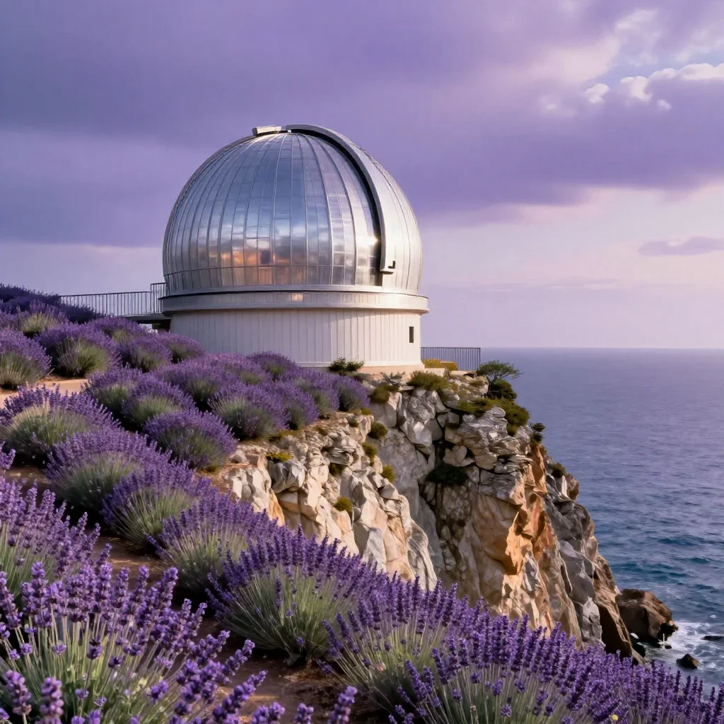 a cliffside observatory in a gentle sea breeze, cinematic architectural photography, careful geometric composition, lave