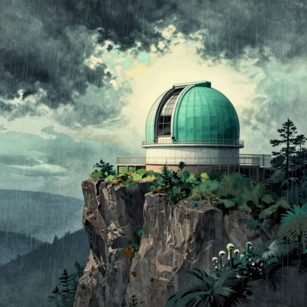 a cliffside observatory after warm summer rain, Japanese woodblock-inspired editorial art, soft volumetric light, jade a