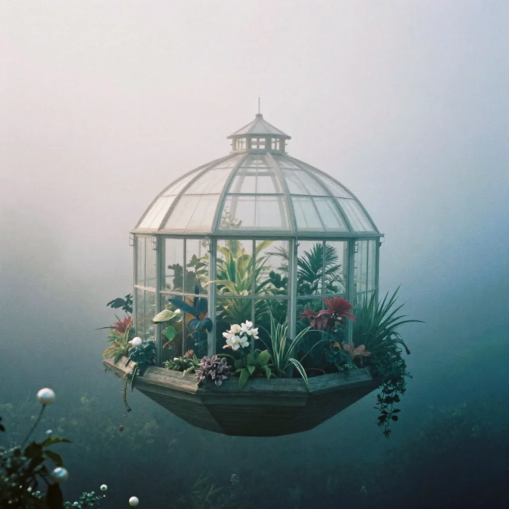 a floating botanical conservatory under soft dawn fog, soft-grain analog film photography, soft volumetric light, indigo