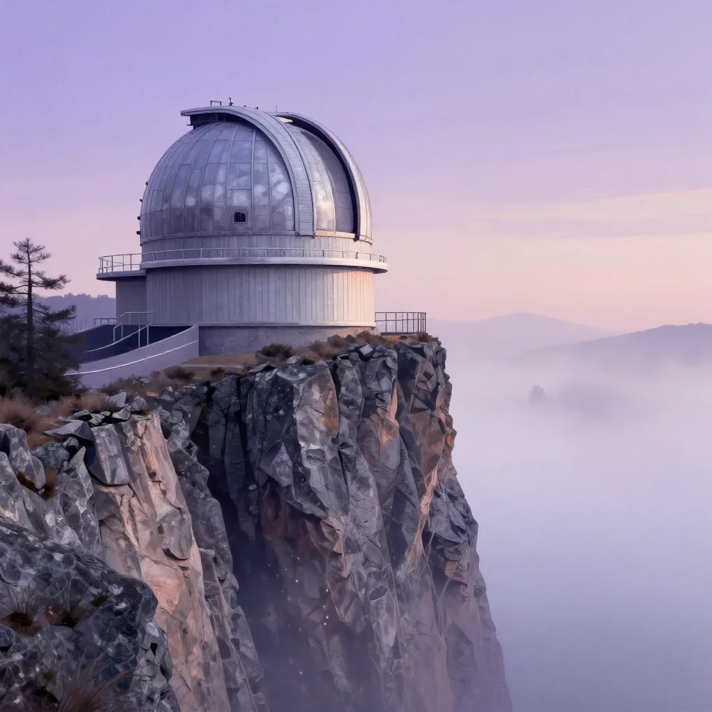 a cliffside observatory under soft dawn fog, modernist poster illustration, weathered tactile surfaces, lavender and silver palette, no people, no text, no logo, no watermark