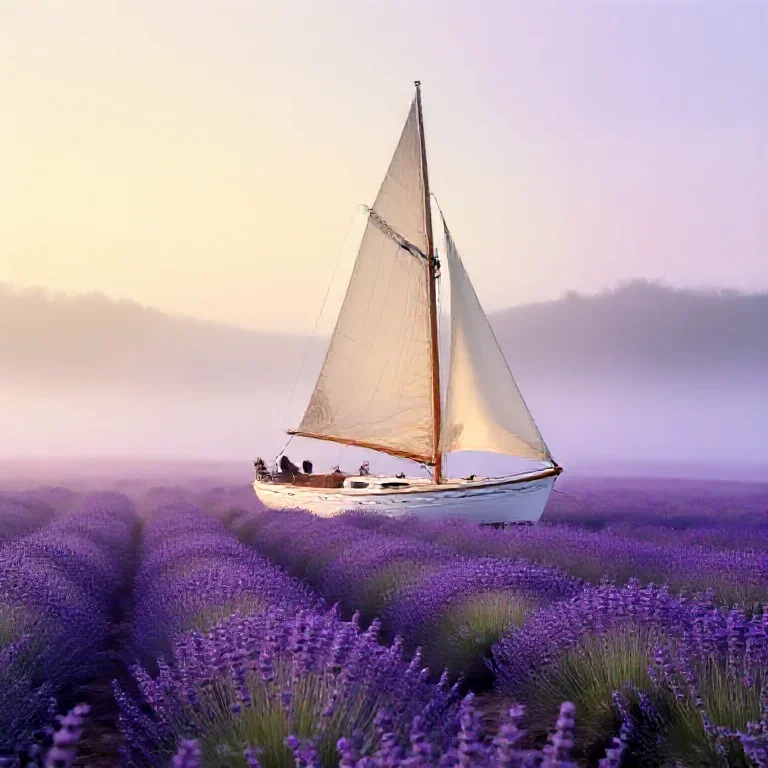 An ivory sailboat drifting through a field of giant lavender, soft dawn fog, dreamlike landscape photography, no text