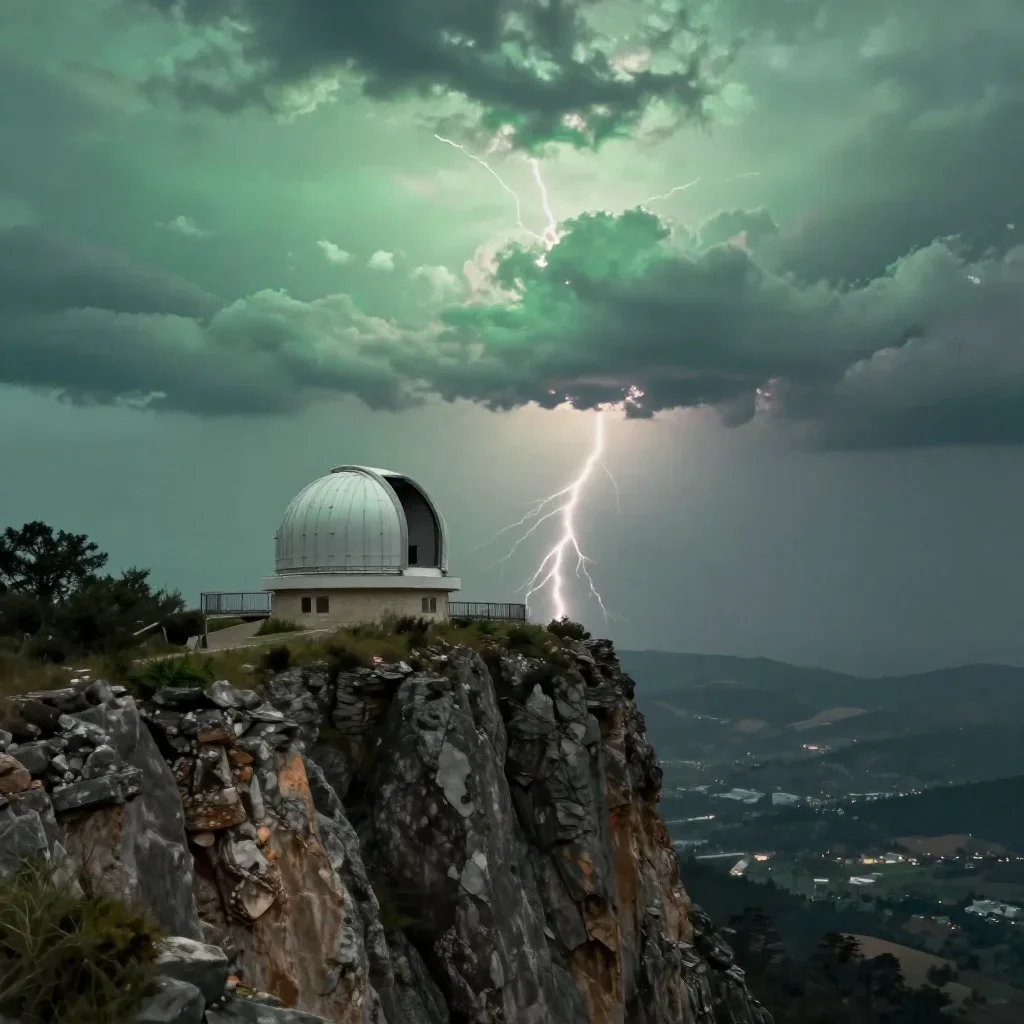 a cliffside observatory after a distant thunderstorm, dreamlike fine-art landscape photography, soft volumetric light, j