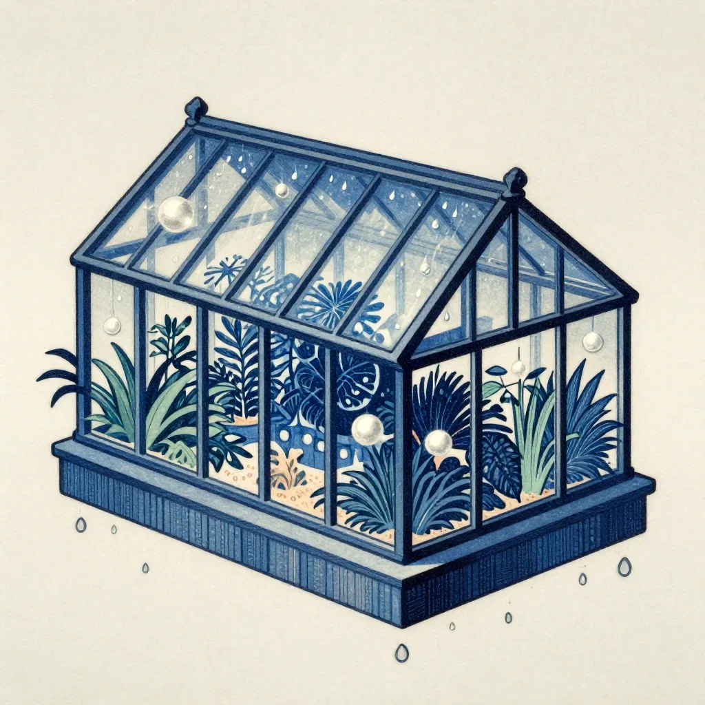 a floating botanical conservatory after warm summer rain, Japanese woodblock-inspired editorial art, careful geometric c