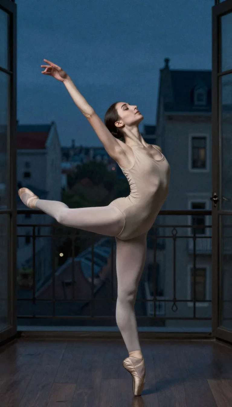 a ballet dancer in a bare-shoulder leotard, mid-extension in a deep breath with eyes closed, in a blue-hour city apartme