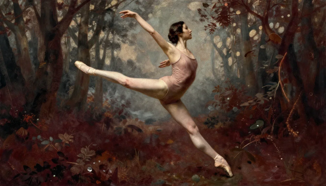 a ballet dancer in a bare-shoulder leotard, mid-extension in a dramatic three-quarter profile, in a dewy forest clearing