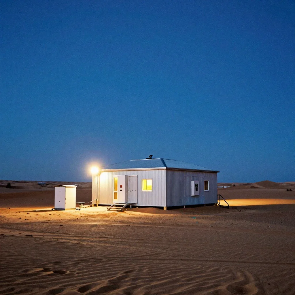 a desert research station at blue hour, Japanese woodblock-inspired editorial art, subtle film grain, cobalt and amber p