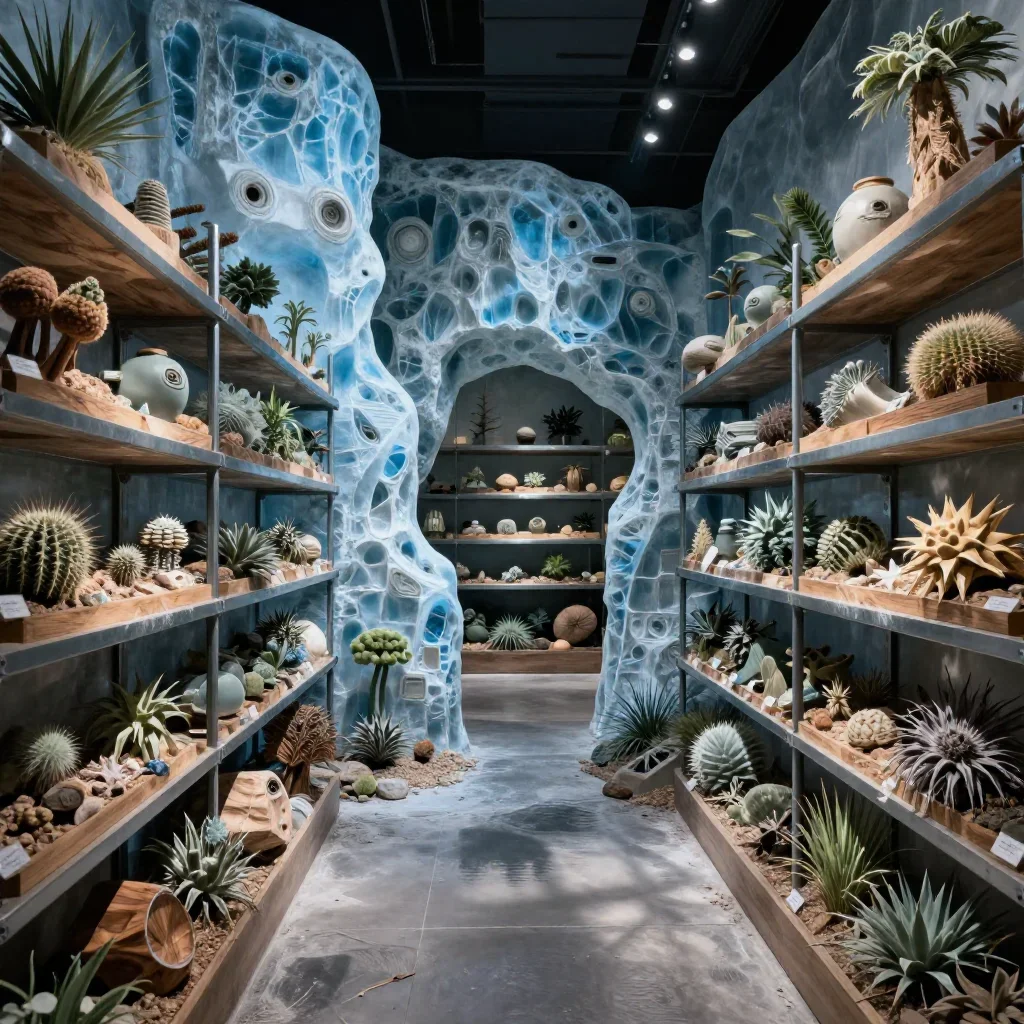 a deep-space botanical archive in cool museum light, quiet science-fiction concept art, weathered tactile surfaces, ice 