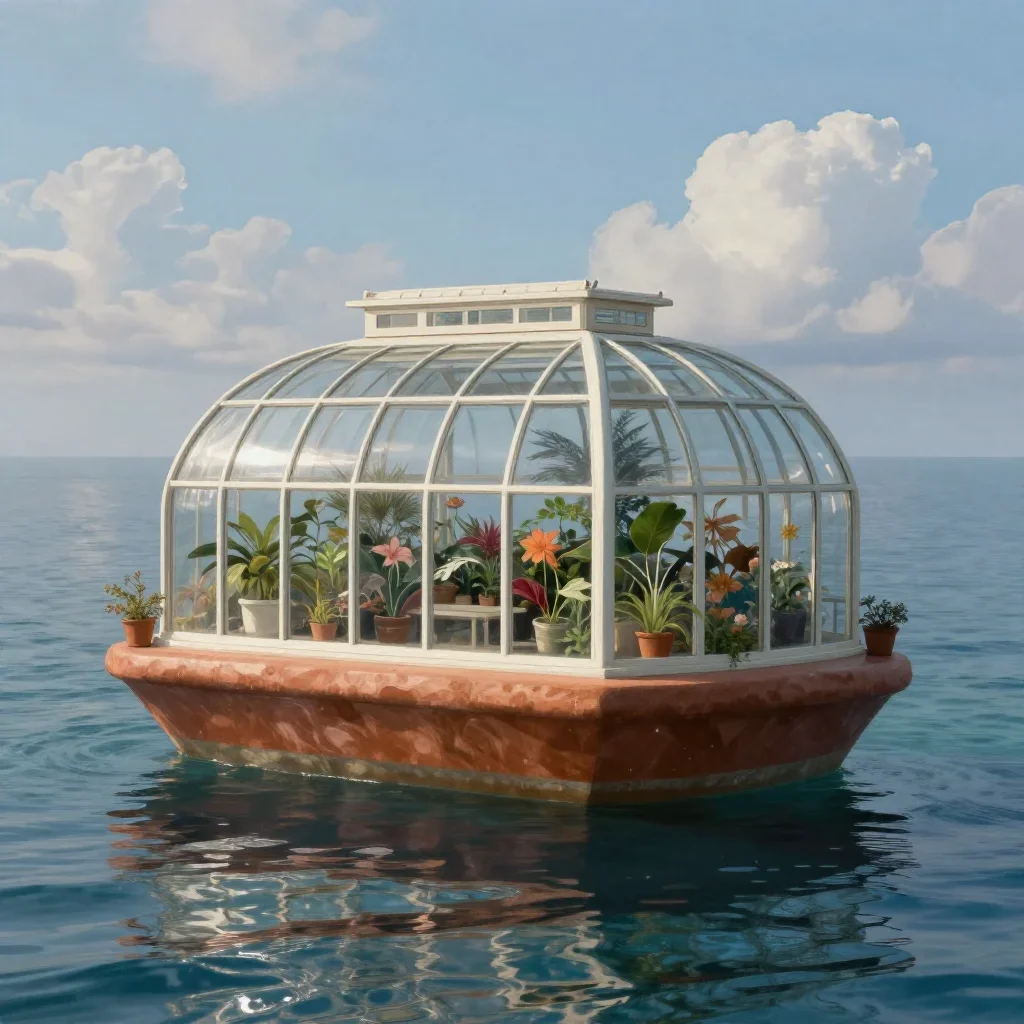 a floating botanical conservatory in a gentle sea breeze, quiet science-fiction concept art, gentle reflected light, ter