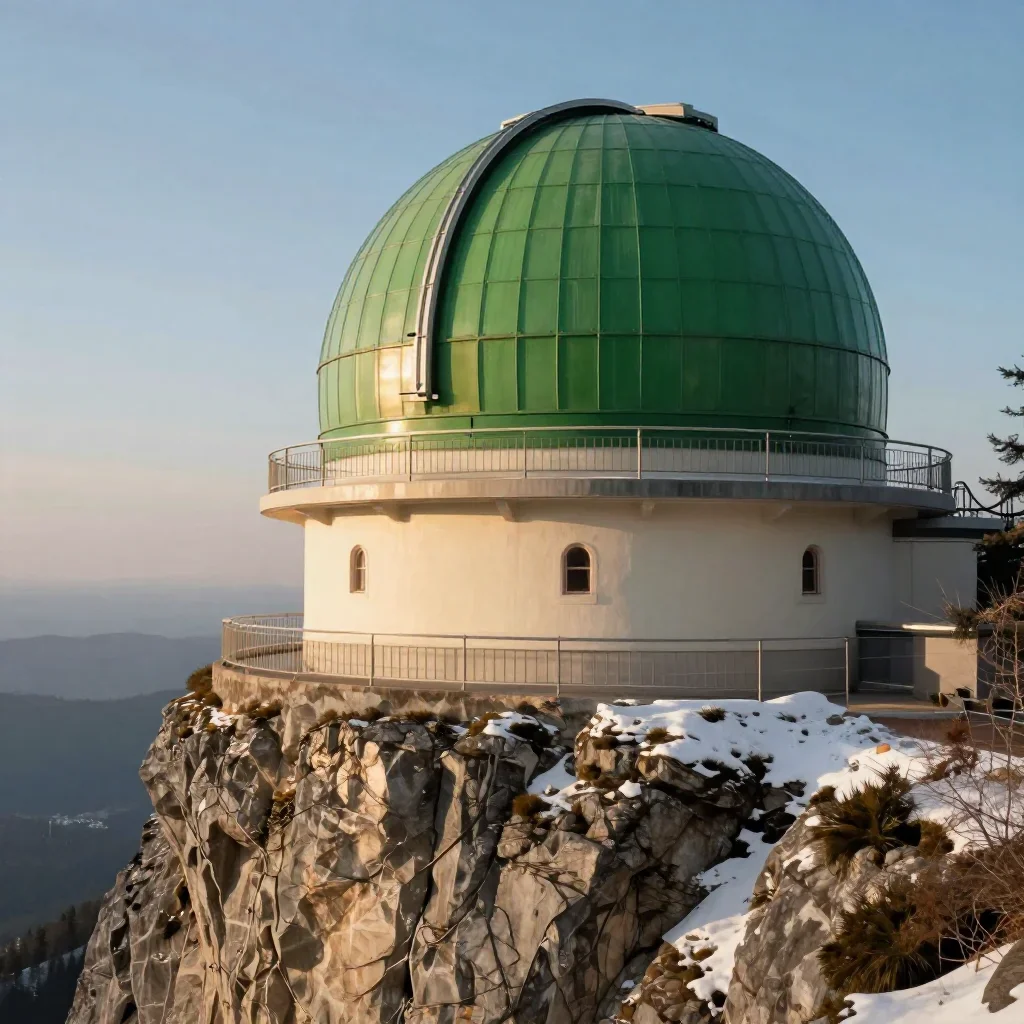 a cliffside observatory in crisp winter sunlight, cinematic architectural photography, soft volumetric light, moss green
