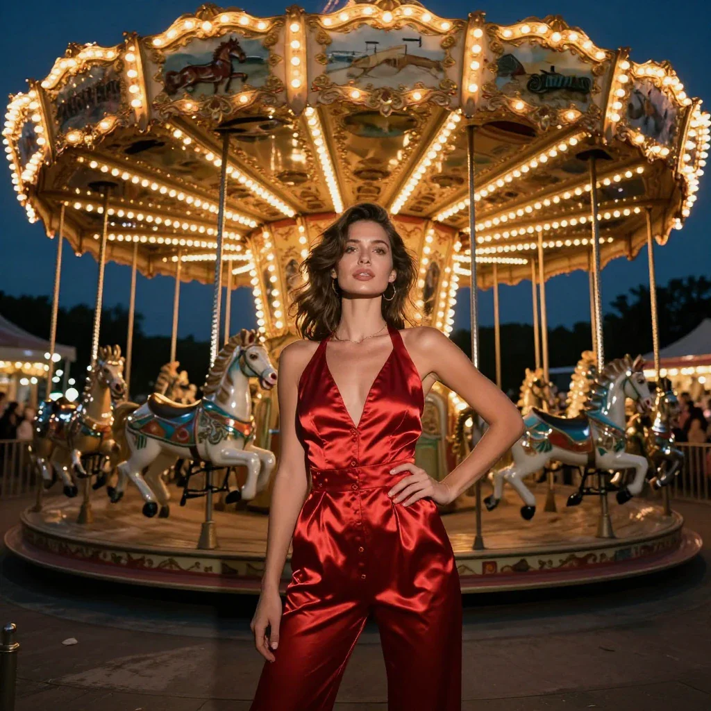 Midnight carnival carousel, silk carnival costume, motion blur lights, sensual confidence, Kodak Portra