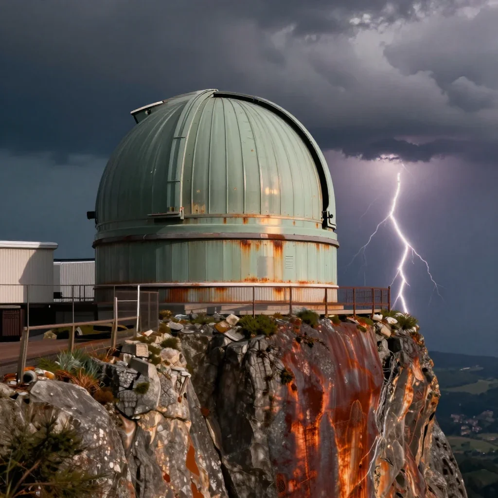 a cliffside observatory after a distant thunderstorm, museum-quality still-life photography, atmospheric depth, rust and
