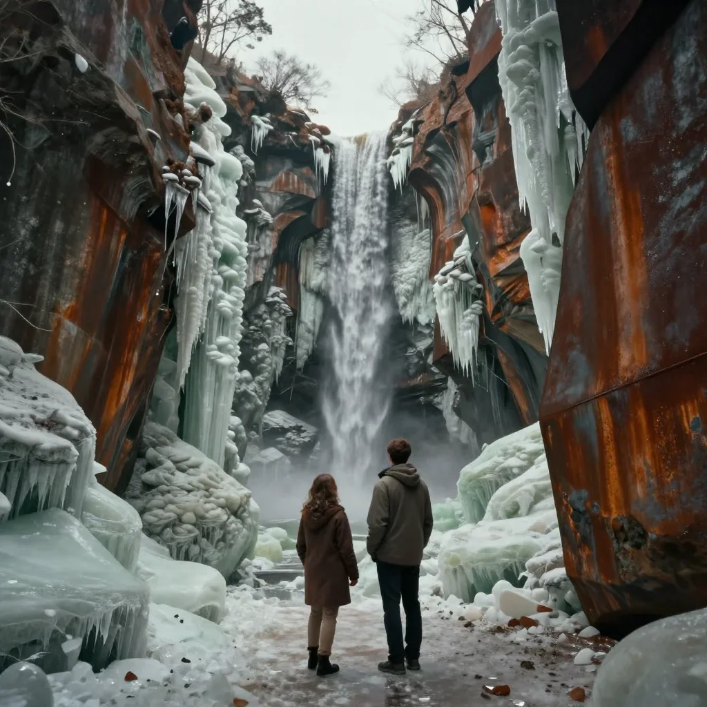 a frozen waterfall canyon under overcast coastal light, quiet science-fiction concept art, atmospheric depth, rust and s