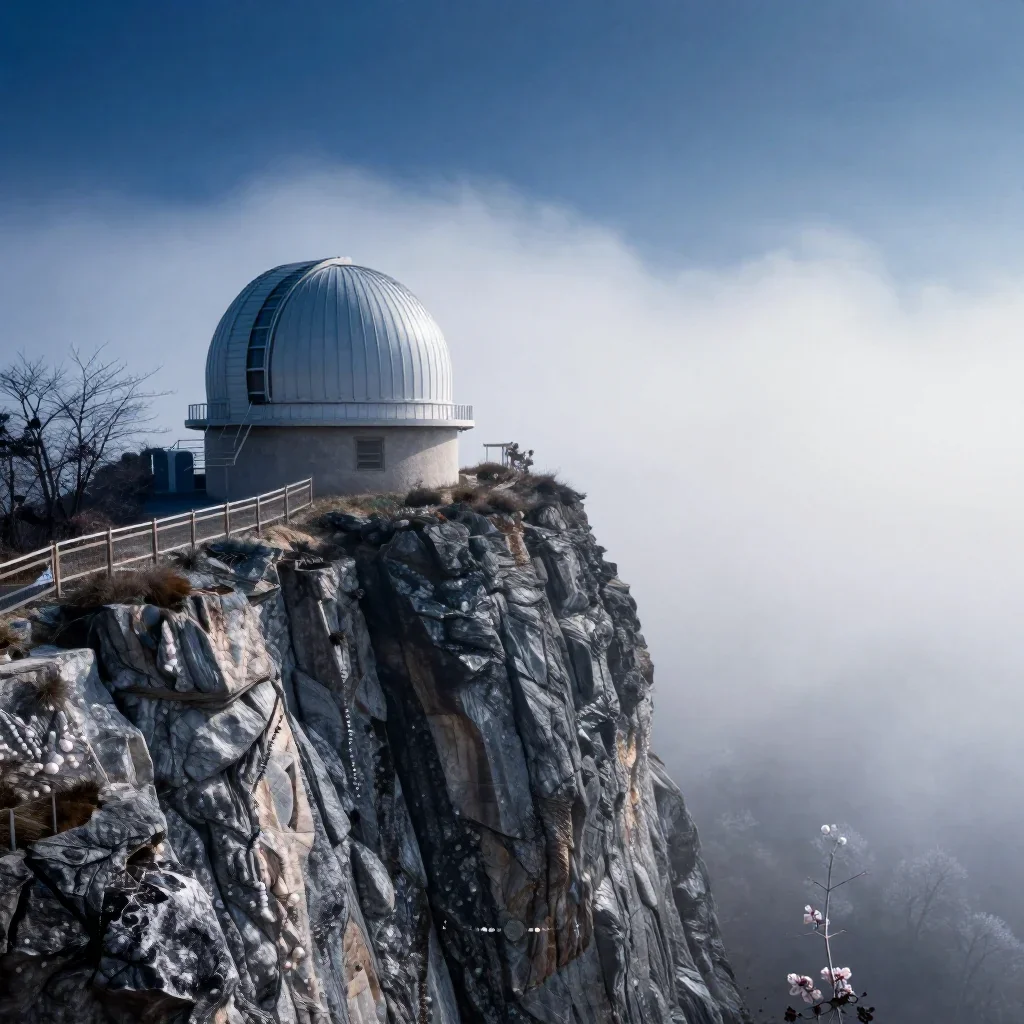 a cliffside observatory in early spring mist, refined editorial travel photography, clean natural textures, indigo and p