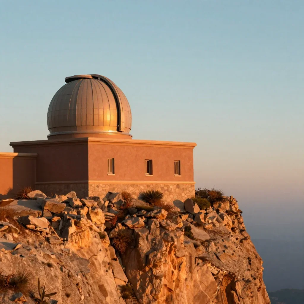 a cliffside observatory during golden hour, cinematic architectural photography, restrained color harmony, terracotta an