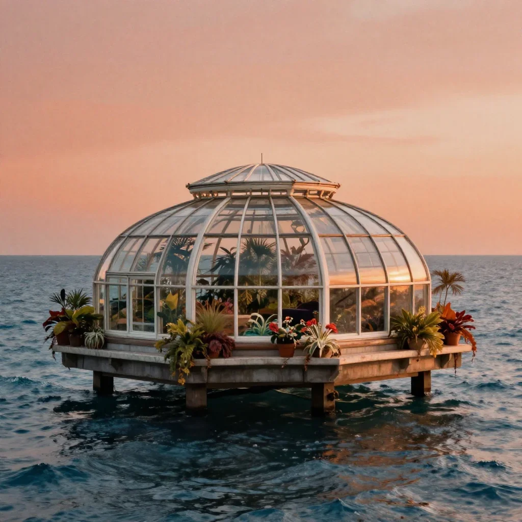 a floating botanical conservatory in a gentle sea breeze, dreamlike fine-art landscape photography, subtle film grain, o