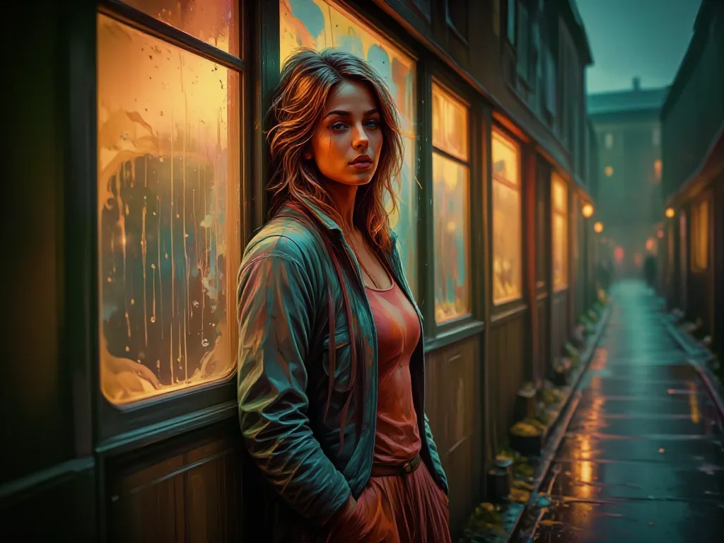 a lover leaning against rain-streaked glass in a wind-swept lean against a wall, in a rain-slick neon alley, editorial g