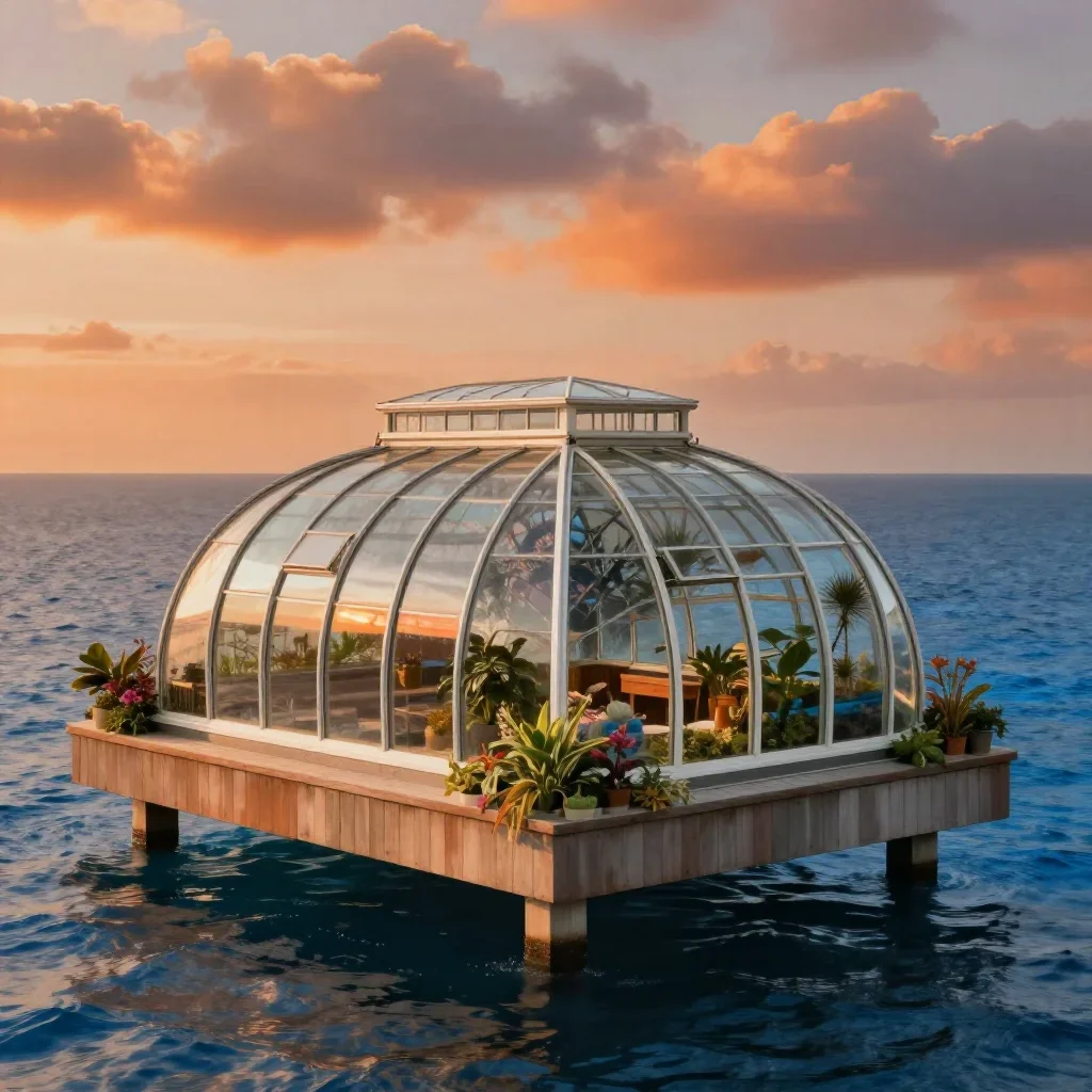 a floating botanical conservatory in a gentle sea breeze, refined editorial travel photography, crisp material detail, o