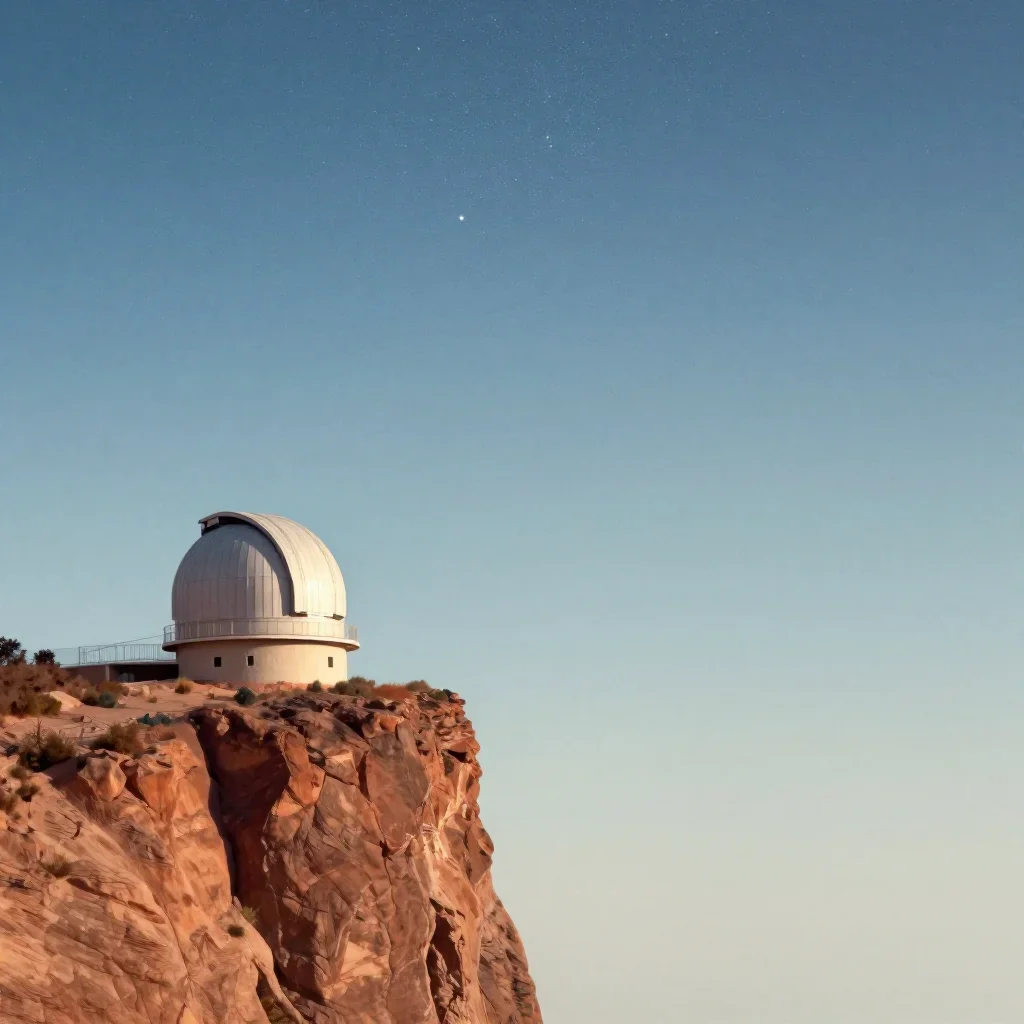 a cliffside observatory beneath a star-filled sky, modernist poster illustration, calm negative space, terracotta and pa