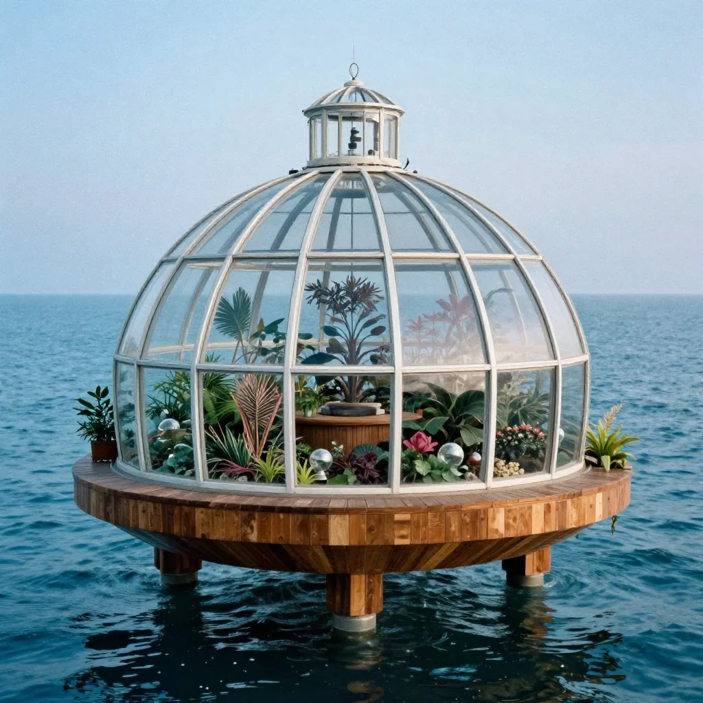 a floating botanical conservatory in a gentle sea breeze, quiet science-fiction concept art, subtle film grain, ice blue