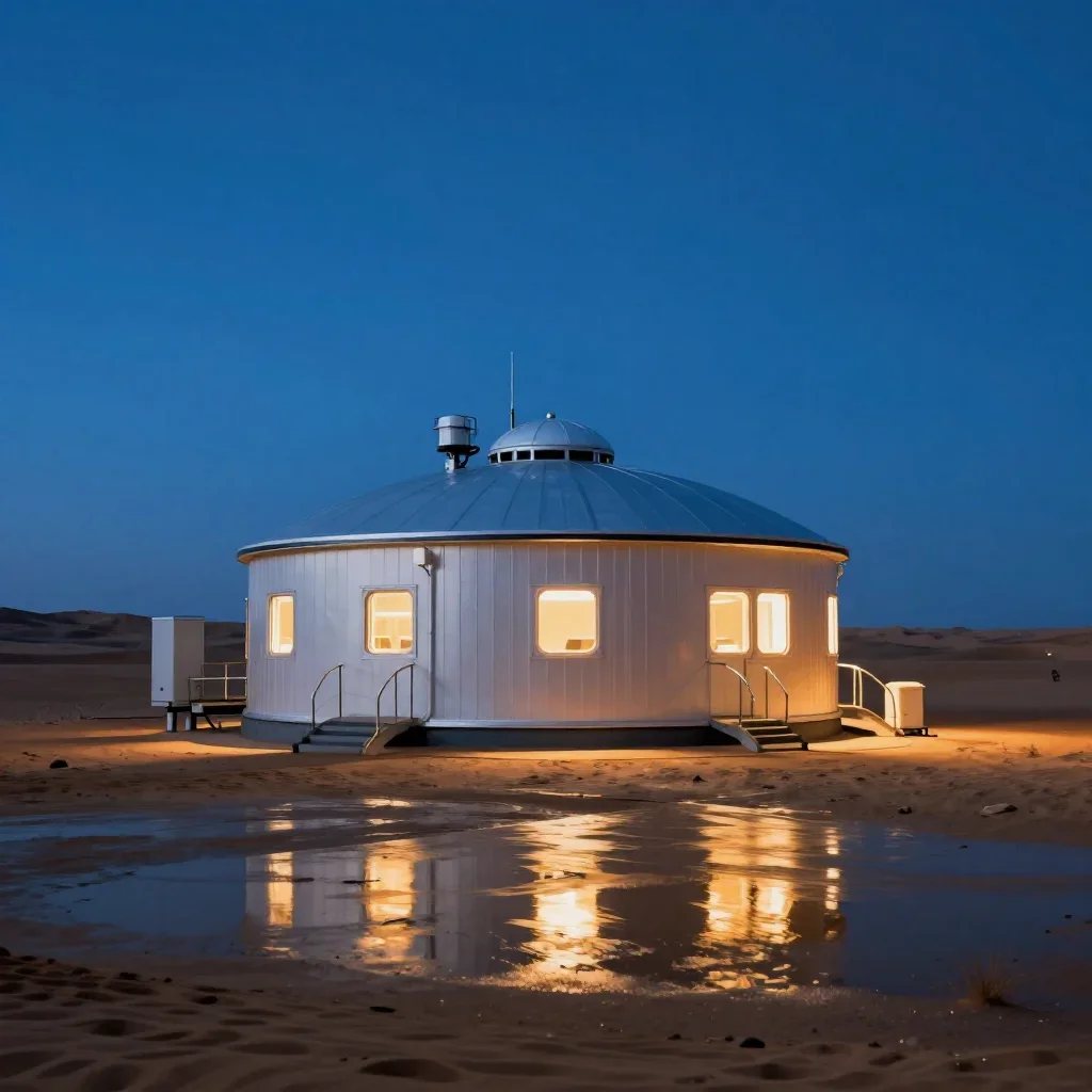 a desert research station at blue hour, high-end design magazine photography, gentle reflected light, cobalt and amber p