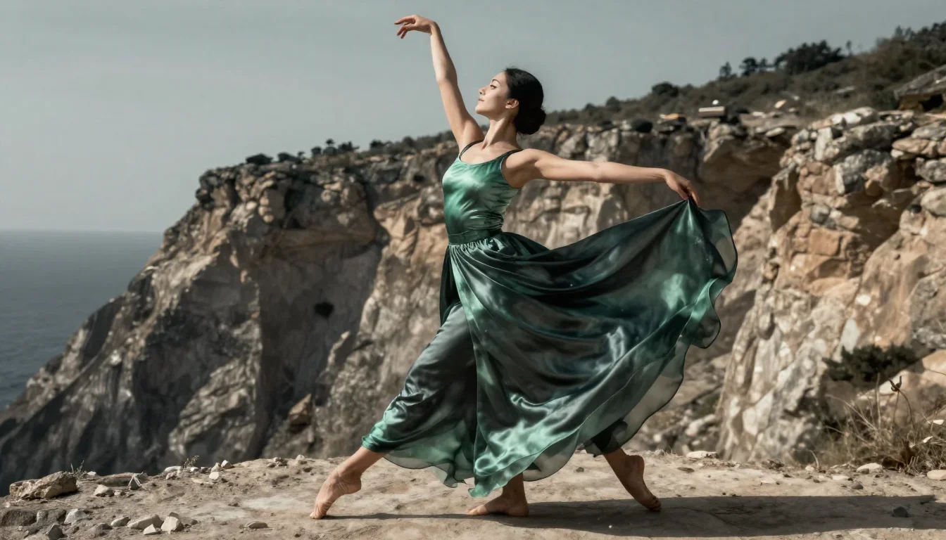 a dancer mid-spin in a silk maxi dress in a confident cinematic stride, on a sun-drenched cliffside, mythology-inspired 