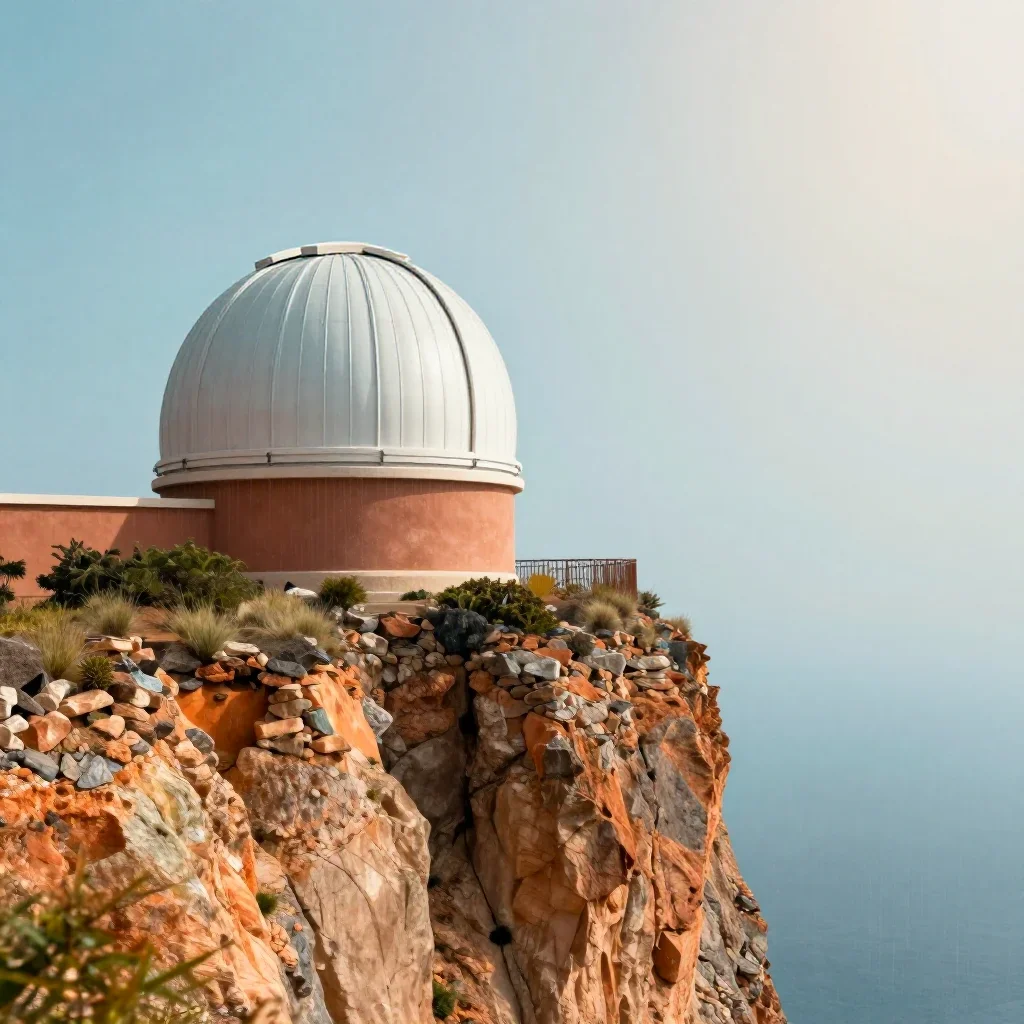 a cliffside observatory after warm summer rain, high-end design magazine photography, clean natural textures, terracotta