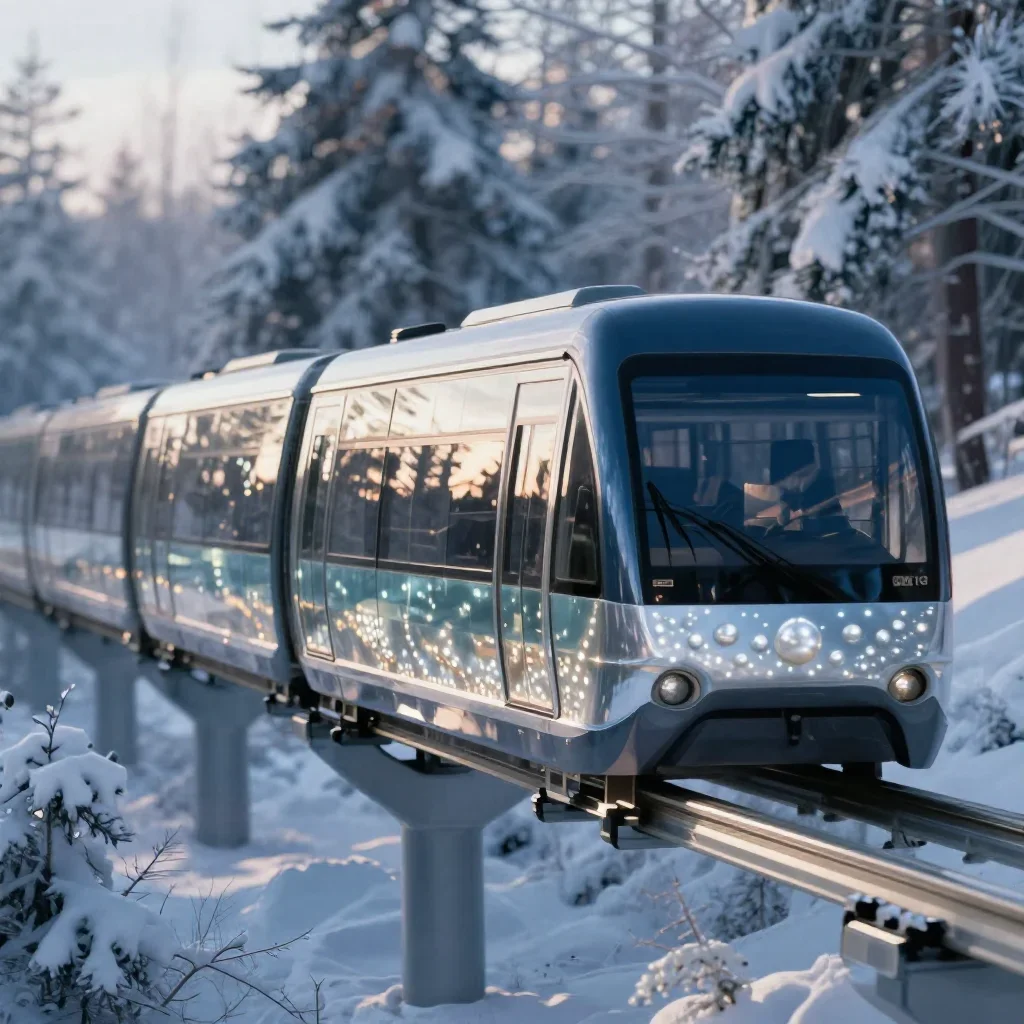 a glass monorail in crisp winter sunlight, refined editorial travel photography, gentle reflected light, indigo and pear