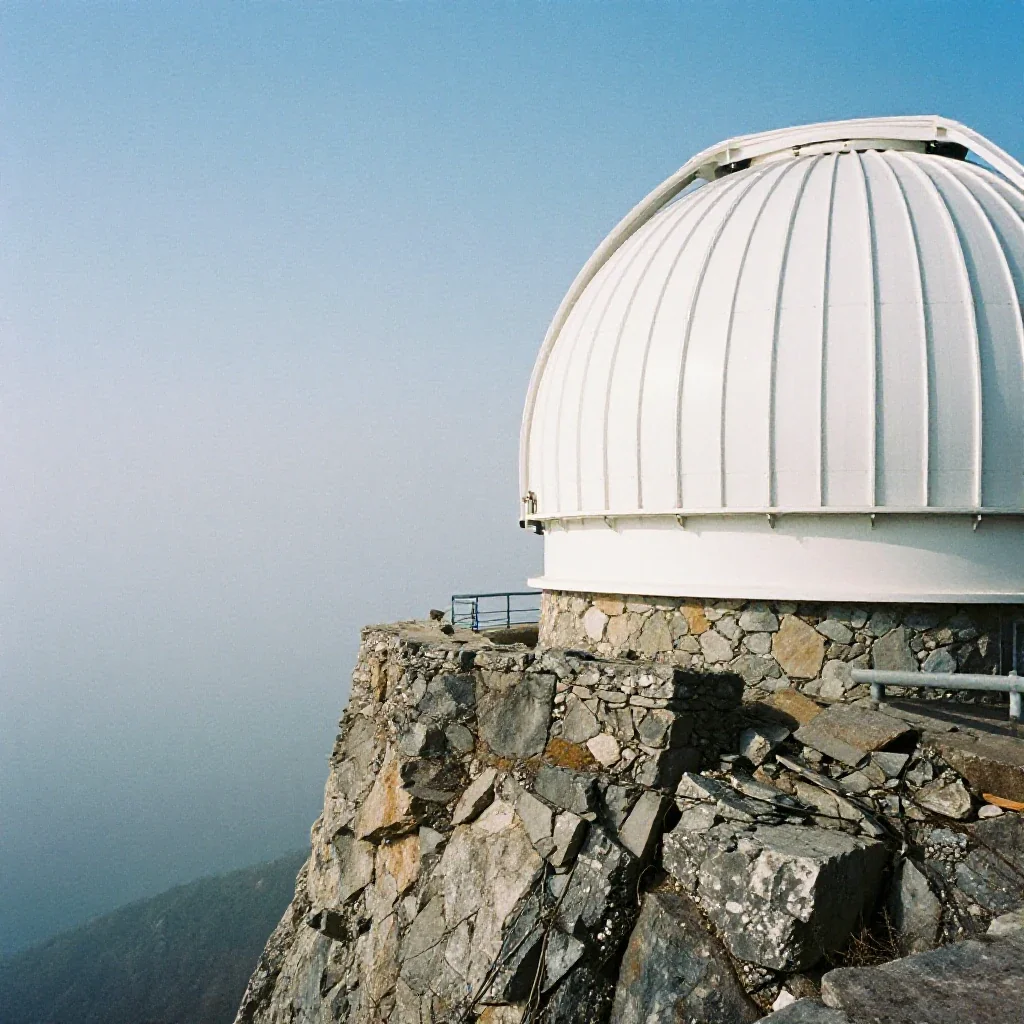 a cliffside observatory in early spring mist, soft-grain analog film photography, crisp material detail, indigo and pear